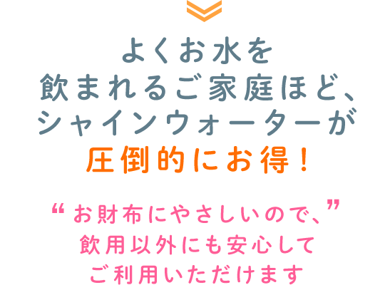 よくお水を飲まれるご家庭ほど、シャインウォーターが圧倒的にお得！ お財布にやさしいので、飲用以外にも安心してご利用いただけます